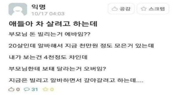 차 살려고 하는데 부모님한테 보태달라고 하는거 에바냐