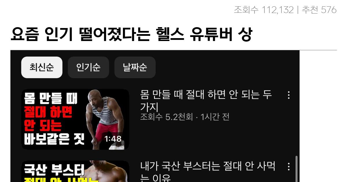 요즘 인기 떨어졌다는 헬스 유튜버 상황